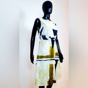 Adolfo Dominguez Abstract Midi Dress Geometric Colorblock Cream and Gold
